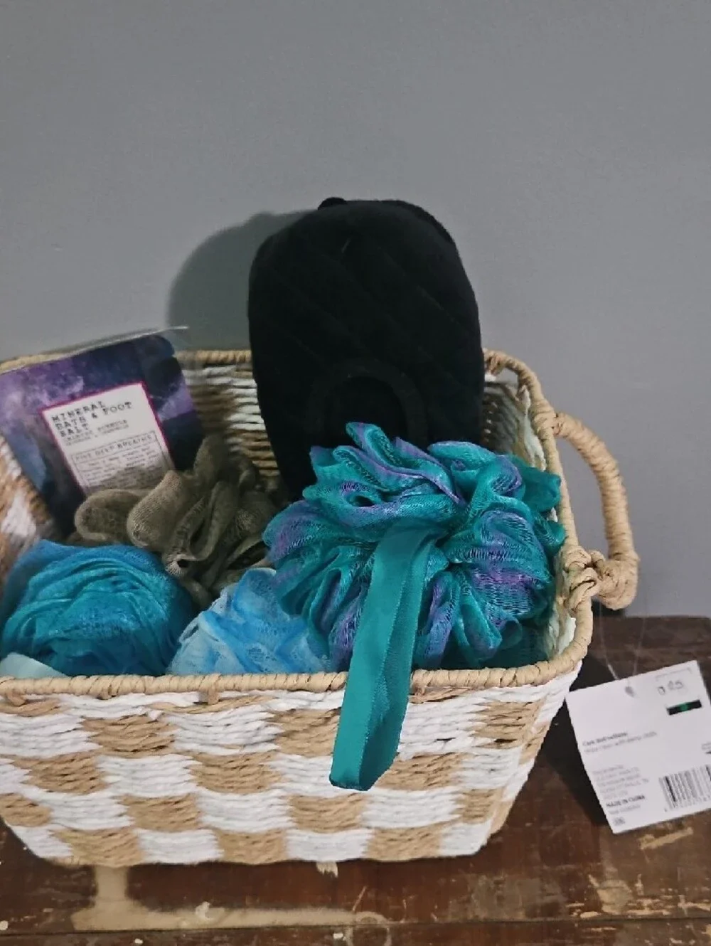 Spa Gift Basket with Black Slippers and Teal Bath Poufs
